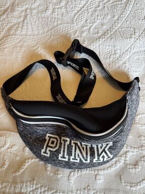 PINK Victoria's Secret Gray Logo Belt Bag with Black Strap